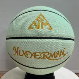 Light Green Basketball Wholesale with Gold Logo, Custom PU Basketball